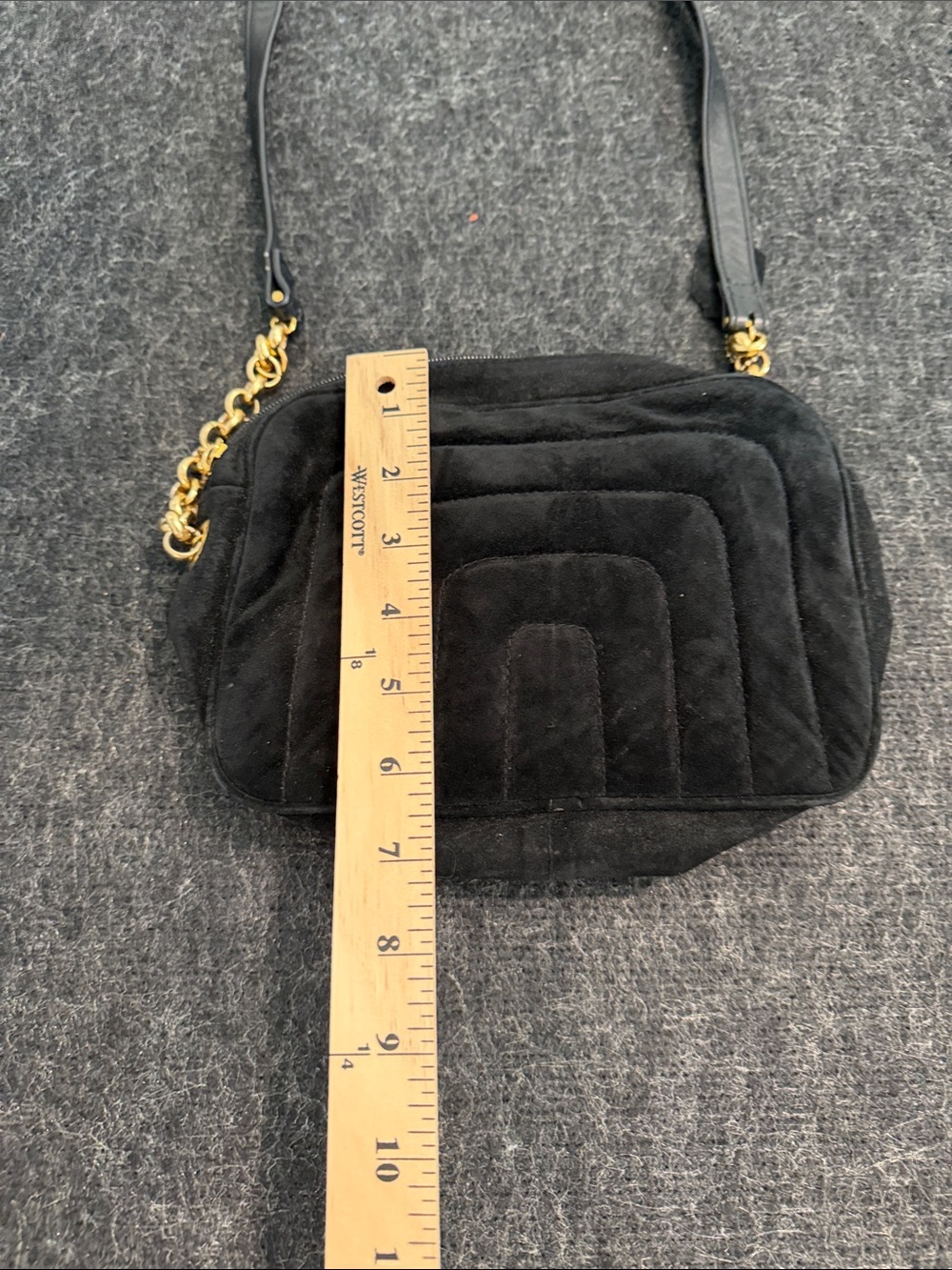 Black Quilted Suede/Leather Shoulder Bag with Gold Chain Accent - Picture 7 of 11